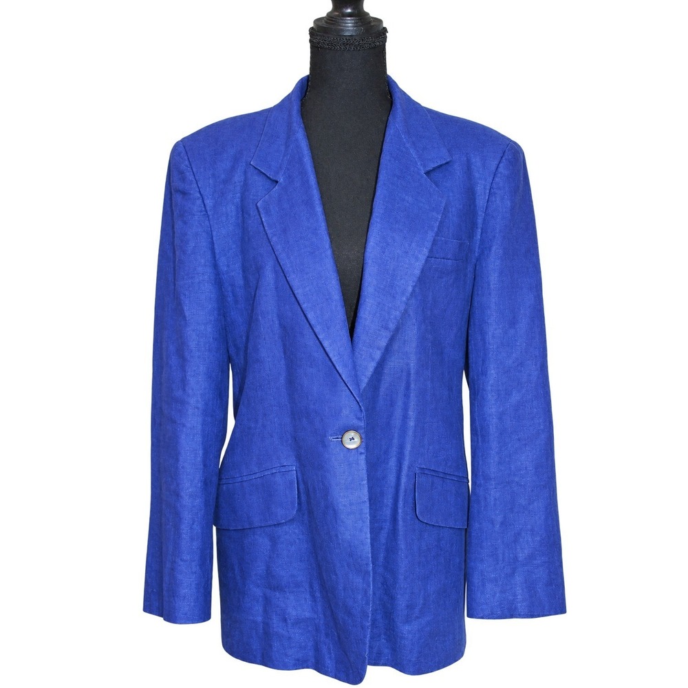 Vintage 90s Liz Claiborne 100% Linen Single Button Blazer Women 8 Royal Blue
